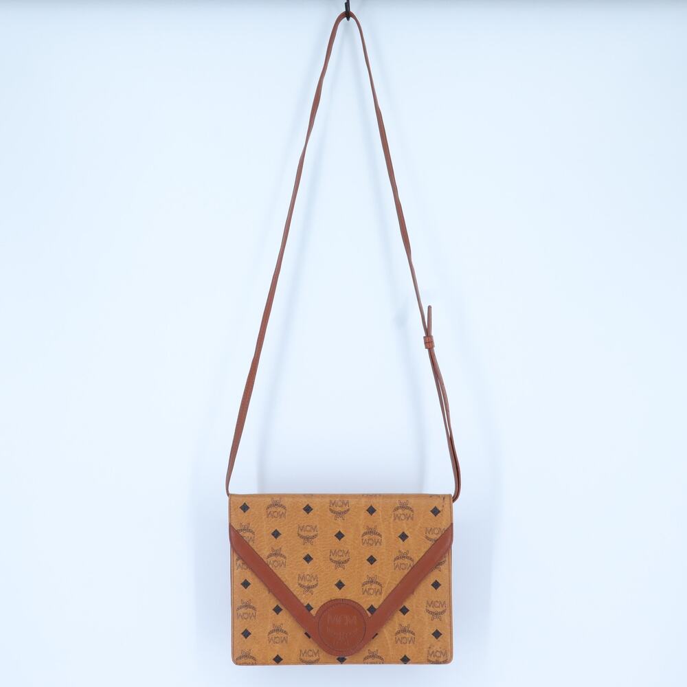 MCM Vintage Visetos Envelope Monogram Crossbody Bag Cognac and Black